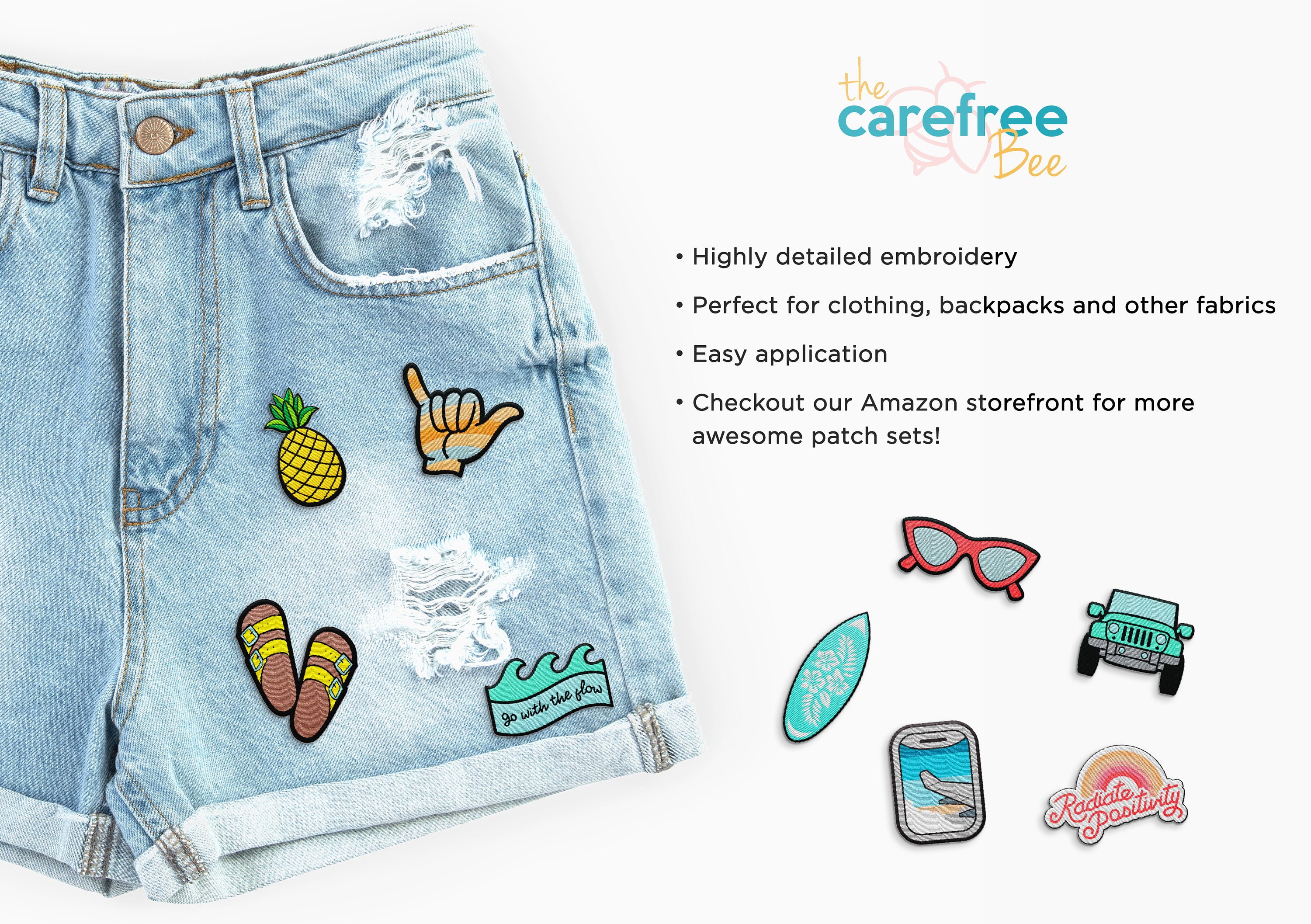 The Carefree Bee - Large Assorted Set of 15 Aesthetic and Cool Outdoors  Iron On Patches for Jackets Backpacks Jeans and Clothes | Each Embroidered