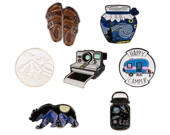 7 Outdoors Enamel Pins For Backpacks, Mountain Camping Starry Night in a Bottle Pins for Jackets, Hats - by The Carefree Bee (Set 2)