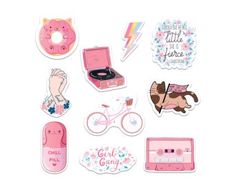 10 Pack Kawaii Pink Stickers for Water Bottles, Laptops - by The Carefree Bee (Series 16)