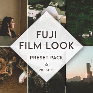 Puede incluir: Un collage de imágenes que muestran un paquete de ajustes preestablecidos para la edición de fotos. El paquete se llama "FUJI FILM LOOK" e incluye 6 ajustes preestablecidos. Las imágenes muestran a una mujer, un gato, patos en un estanque y una ciudad al atardecer.