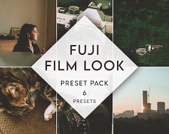 May include: A collage of images showcasing a preset pack for photo editing. The pack is called "FUJI FILM LOOK" and includes 6 presets. The images show a woman, a cat, ducks on a pond, and a cityscape at sunset.