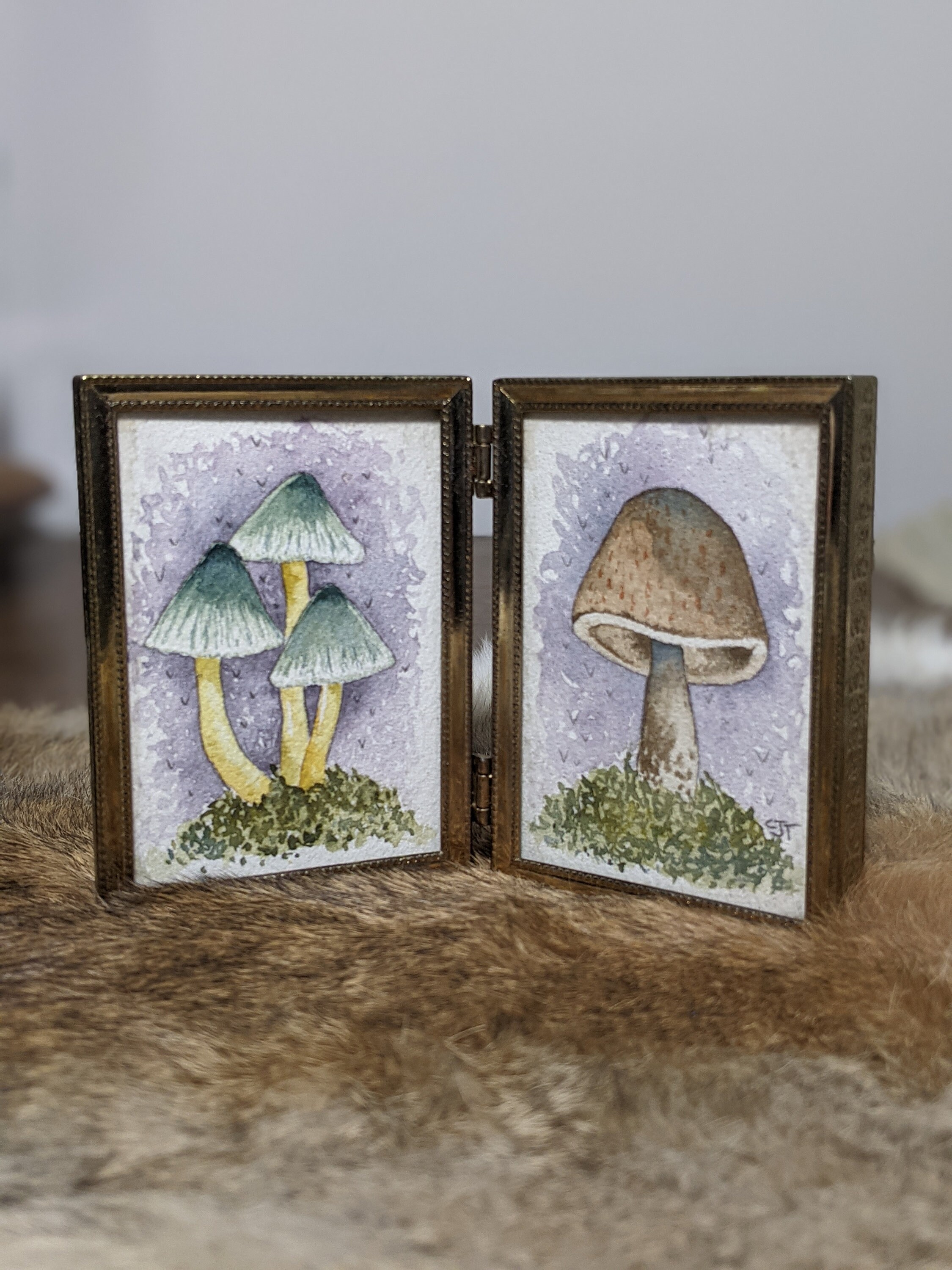 2 vintage miniature mushroom paintings