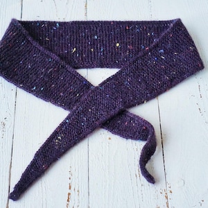 May include: A knitted purple scarf with colorful flecks. The scarf is made of a soft, textured yarn and is designed to be worn around the neck. The scarf is a deep purple color with flecks of yellow, orange, and blue.