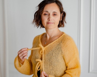 Hand Knit Mohair Cropped Cardigan - Yellow Bomber With 3/4 Sleeves
