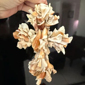 May include: A decorative cross made from various seashells. The cross is composed of numerous small, cream, tan, and brown shells, creating a textured and layered appearance. The shells are arranged to form the shape of a cross.