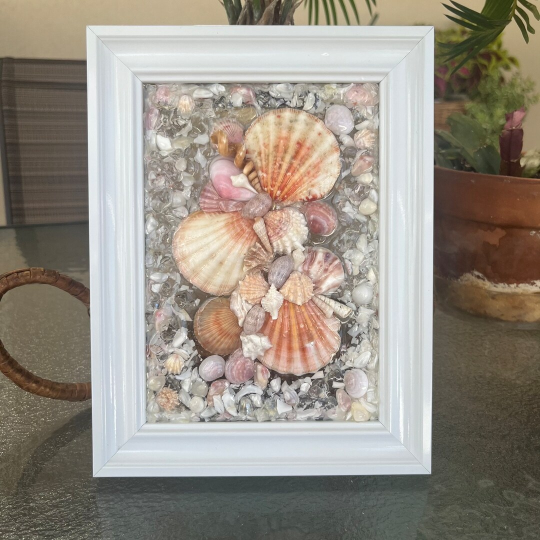 Seashell Resin Art / 8.5x6.5 /shades of Pink Shells / Crushed Glass and ...