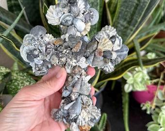 Cruz de concha: tonos de gris, decoración de la Costa del Golfo (7,75 pulgadas)
