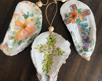 Adornos de cruz de concha de ostra - Regalo de canasta de Pascua - Regalo para anfitriona