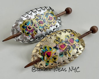 Hand Painted Gold and Silver Vegan Leather Hair Barrette with Hair Stick, Boho Hair Barrette, Ponytail Holder, Hair Jewelry, Bun Holder