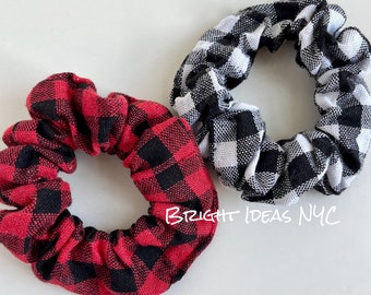 2 Pack Buffalo Plaid Scrunchies, Red Black Plaid Scrunchies, Wrist Scrunchies, Lumberjack Plaid, Flannel, Winter Christmas Holiday Accessory