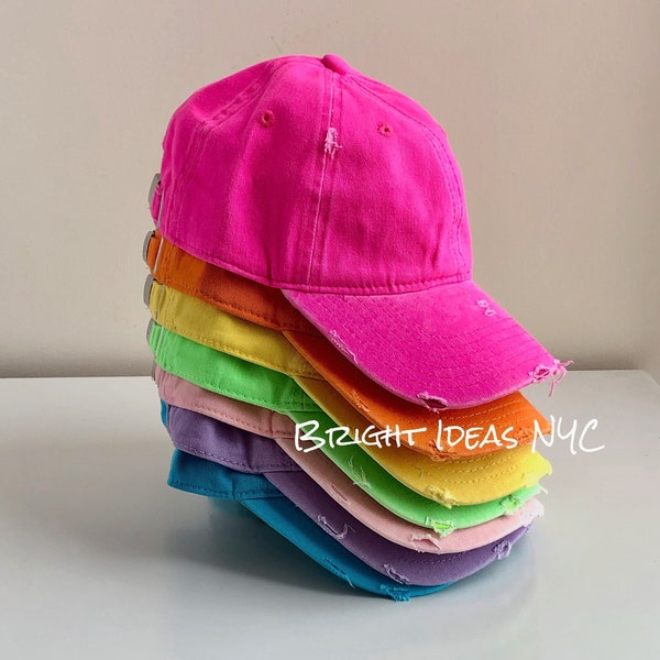 Distressed Neon Baseball Cap, 100% Cotton, Neon Adjustable Baseball Hat, Vintage, Mom Hat Dad Cap, Bright Baseball Hat, Fashion Baseball Cap