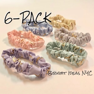 6-Pack Gold Heart Print Silk Skinny Hair Scrunchies, Thin Hair Scrunchies, Hair Tie, Ponytail Accessories, Elastic Bands, Set of Scrunchies