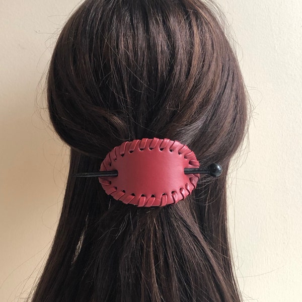 Vegan Leather Hair Barrette with Hair Stick, Boho Hair Barrette, Oval Hair Barrette, Hair Sticks, Ponytail Holder Bun Holder, Hair Accessory