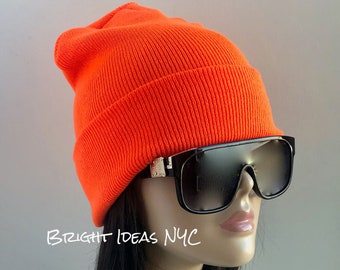 Bright Orange Warm Soft Stretch Oversized Knitted Beanie, Warm Winter Hat, Knit Beanie Hat, Fashion Trend Beanie