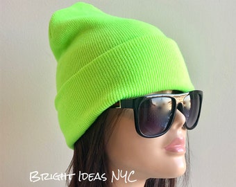 Bright Neon Green Warm Soft Stretch Oversized Knitted Beanie, Warm Winter Hat, Knit Beanie Hat, Fashion Trend Beanie