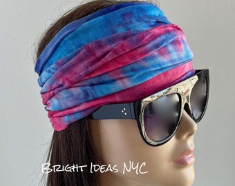 Blue Tie Dye Extra Wide Scrunch Headband, Yoga Headband, Hippie Headband, Boho, Stretch Tube Headband, Fitness, Running, Turban Headband