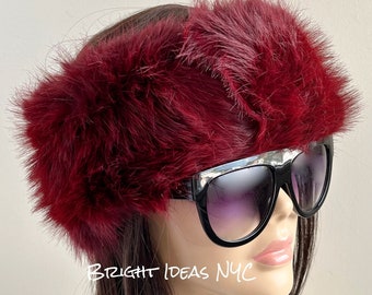 Wine Fluffy Fuzzy Luxury Faux Fur Vegan Head Wrap, Chunky, Vegan Fur, High Quality Soft Winter Ear Warmer, Ski Band, Head Warmer, Holiday