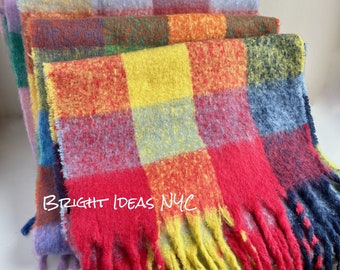 Long Blanket Fringe Scarf, High Quality Winter Scarf, Color Block Checker Scarf, Chunky Square Scarf, Rainbow Scarf, Christmas Holiday Scarf