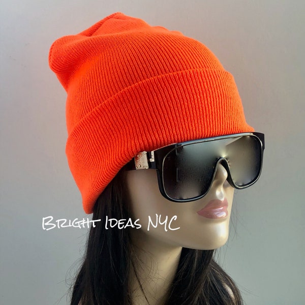 Bright Orange Warm Soft Stretch Oversized Knitted Beanie, Warm Winter Hat, Knit Beanie Hat, Fashion Trend Beanie