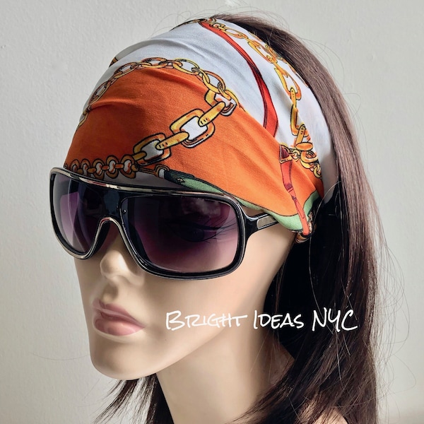 Chain Print Wide Scrunch Headband Scarf, Wide Stretch Back Headband, Hair Scarf, Bohemian Turban Head Wrap, Yoga, Extra Wide Scrunch