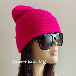 Bright Neon Fuchsia Warm Soft Stretch Oversized Knitted Beanie, Warm Winter Hat, Knit Beanie Hat, Fashion Trend Beanie