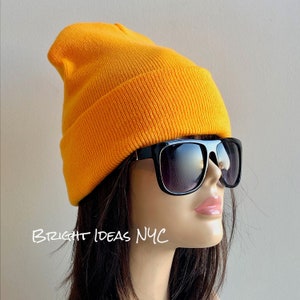 Bright Neon Orange Warm Soft Stretch Oversized Knitted Beanie, Warm Winter Hat, Knit Beanie Hat, Fashion Trend Beanie
