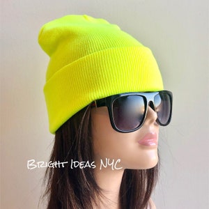 Bright Neon Yellow Warm Soft Stretch Oversized Knitted Beanie, Warm Winter Hat, Knit Beanie Hat, Fashion Trend Beanie