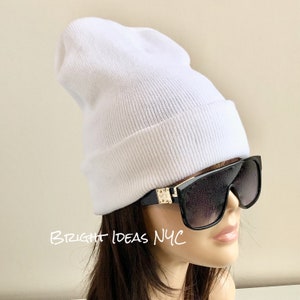 Bright White Warm Soft Stretch Oversized Knitted Beanie, Warm Winter Hat, Knit Beanie Hat, Fashion Trend Beanie