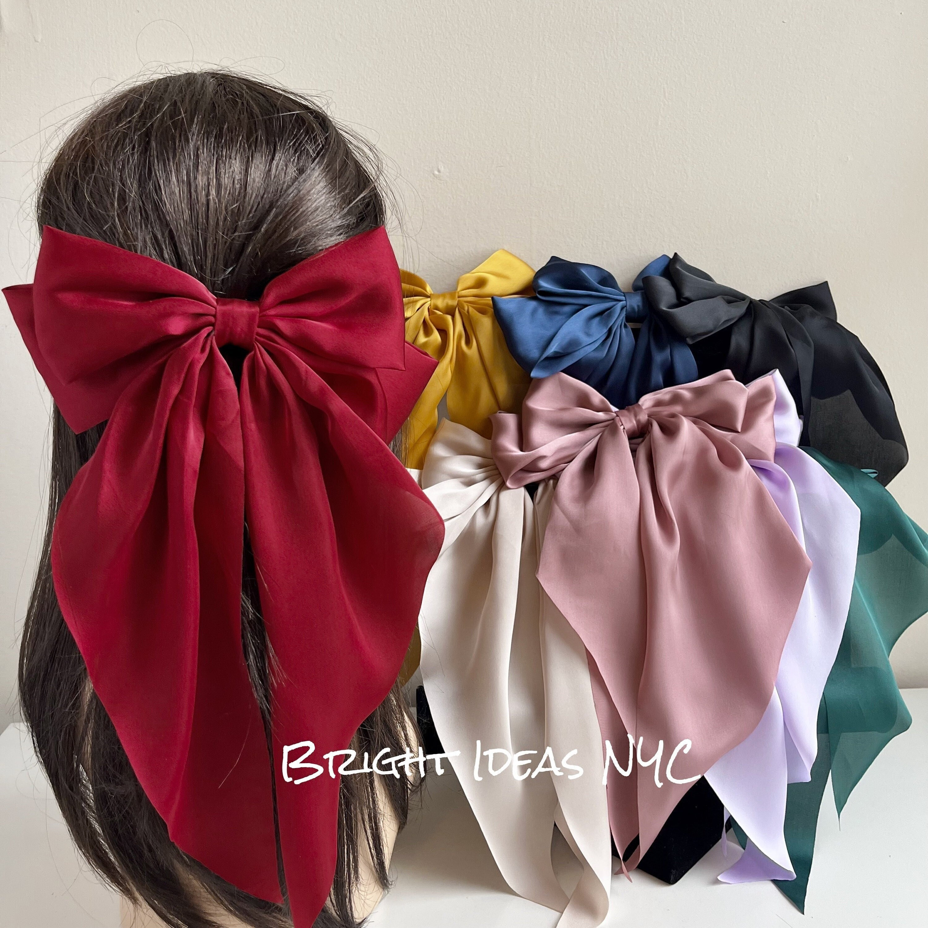 Allereyae Vintage Large Silk Bow Hair Clip Barrette French Silk Bow Head Clip Blue Ribbon Bow Hair Barrette Headpieces Silk Bow Hair Accessories for