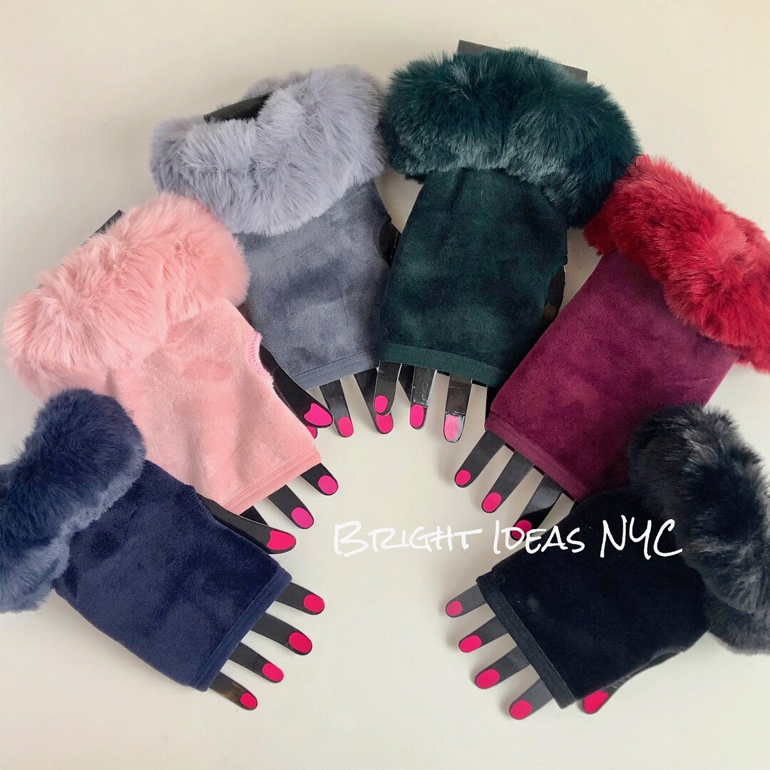 Vegan Faux Fur Brushed Velvet Fingerless Gloves, Hand Warmers, Texting