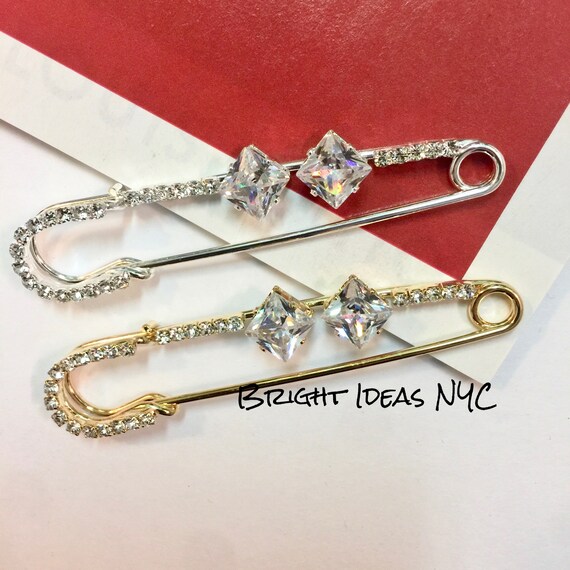 Gold and Silver Rhinestone Safety Pin Brooch Crystal Studded
