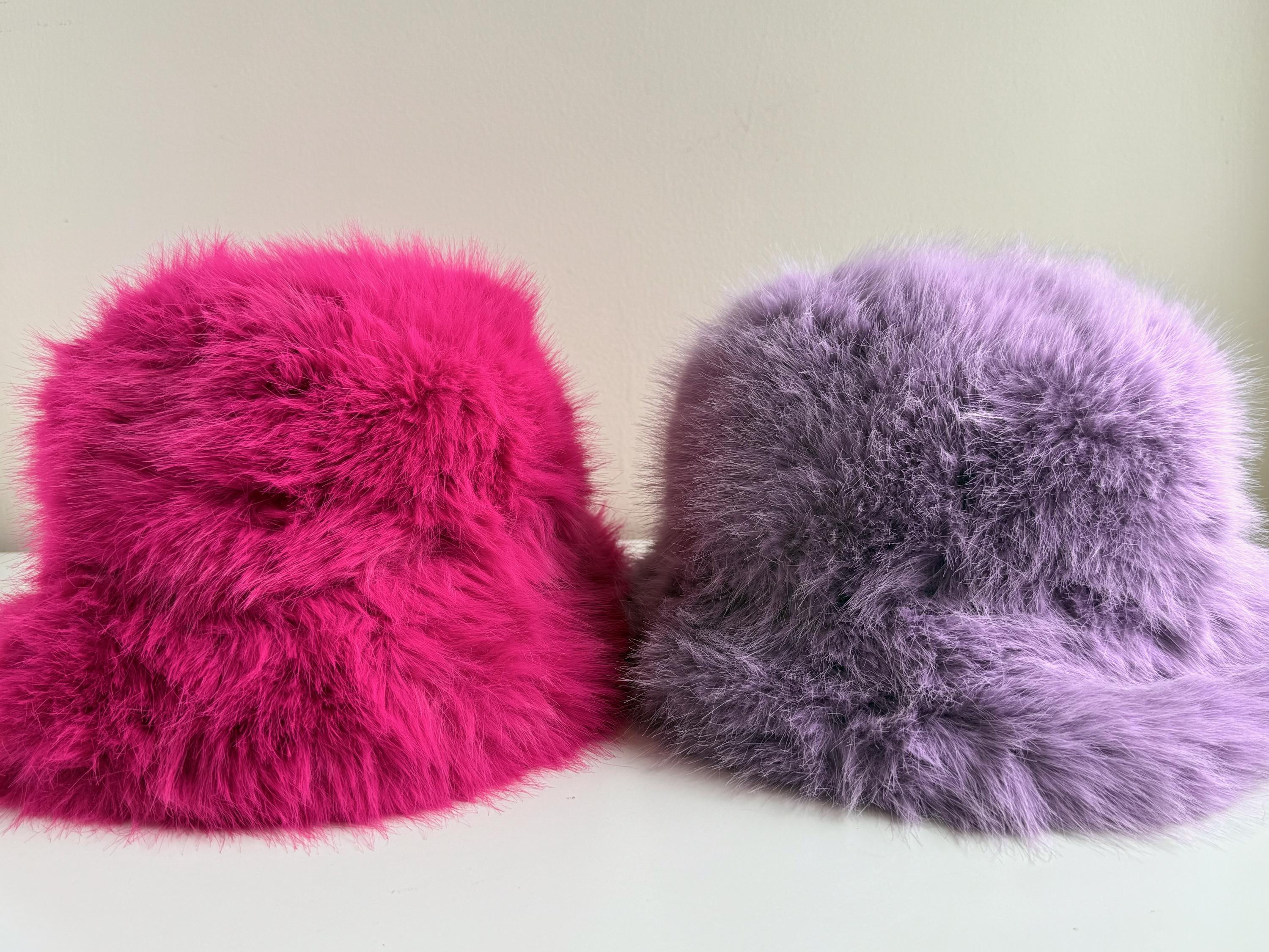 Fluffy Fuzzy Luxury Faux Fur Vegan Bucket Hat, Bright Pink 