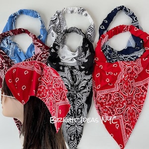 May include: Four bandana headbands in different colors and patterns. The bandanas are red, black, blue, and white with paisley designs.
