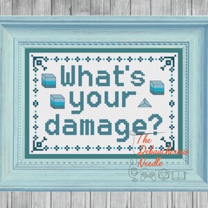 What&#39;s Your Damage? D20 Snarky Tabletop Gaming RPG Dungeons Dragons DND Gamer Gift Game Room Cross Stitch Pattern