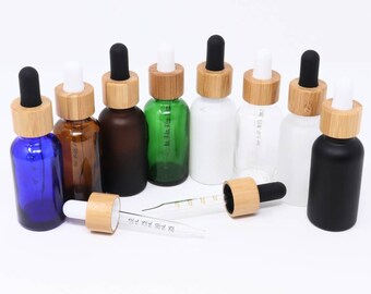 5 Empty Glass Dropper Bottles: 30ml Bamboo Dropper, Assorted Colors