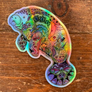 Manatee Holographic Sticker, Colorful Animal Decal, Original Mosaic Art, Nature Lover Gift, Wildlife Sticker