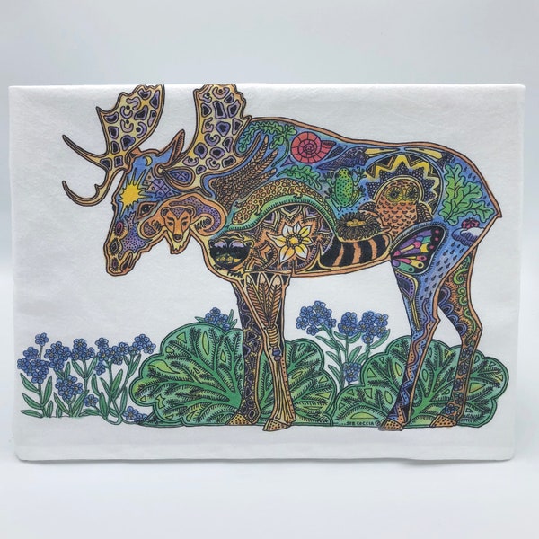 Moose Flour Sack Towel, Original Mosaic Art, Nature Inspired Home Decor, Hostess Gift