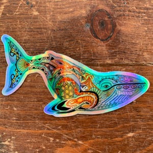 Blue Whale Holographic Sticker, Water Bottle Sticker, Original Animal Decal, Original Mosaic Art, Ocean Lover Gift