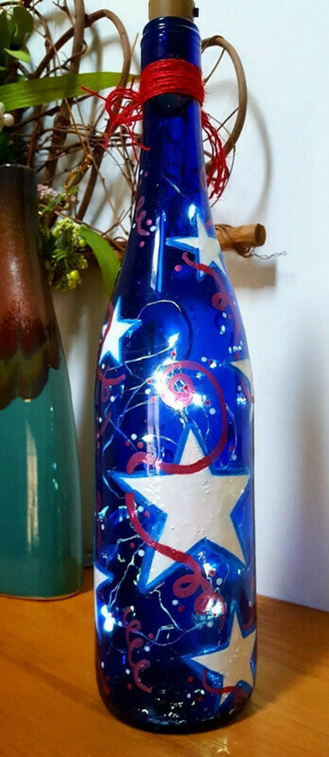 Patriotic Painted Wine Bottle With Lights Red White and Blue Etsy