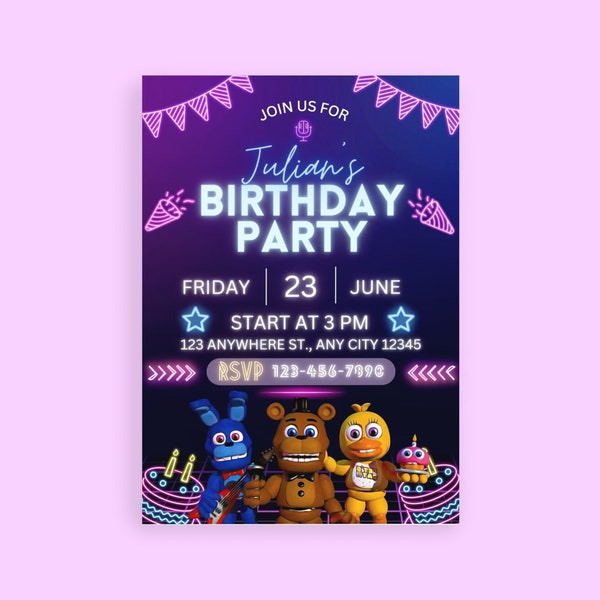 Birthday Invitation editable Neon Purple Birthday FNAF Five Nights At Freddy's Neon glow Canva Printable Cards for boy or girl!