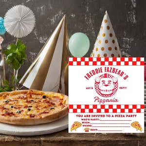 Faire-part d'anniversaire FNAF en téléchargement numérique Pizza Party Birthday Five Nights At Freddy's, écrire des cartes imprimables pour garçon ou fille !