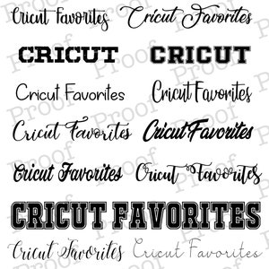 May include: A collection of Cricut fonts in various styles, including cursive and bold block letters. The text "Cricut Favorites" appears multiple times, along with "Cricut" in a collegiate font. The phrase "Cricut Favorite Font Collection" is at the top.