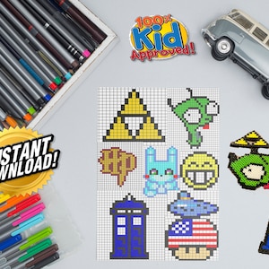 Puede incluir: Una descarga digital de 9 patrones de pixel art con personajes de la cultura popular. Los patrones incluyen un extraterrestre verde, un conejito azul, una carita sonriente amarilla, un triángulo amarillo, un extraterrestre verde con un triángulo amarillo, una caja de policía azul, un hongo con una bandera estadounidense y dos letras HP amarillas. Los patrones están sobre un fondo blanco con una cuadrícula.