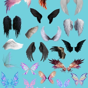 Puede incluir: Una colección de 20 diseños diferentes de alas y mariposas. Las alas son de varios colores, incluyendo rosa, negro, blanco y rojo. Las mariposas son en tonos de azul, rosa y morado.