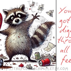 Linda tarjeta de San Valentín con dibujo de mapache panda basura para adultos: divertida, graciosa, personalizada y de descarga instantánea.