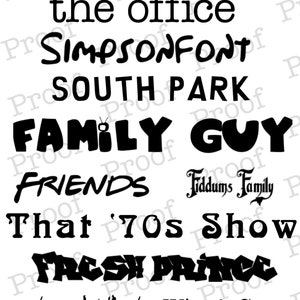 May include: Black and white text on a white background listing the names of popular sitcom TV shows, including "The Office", "South Park", "Family Guy", "Friends", "That '70s Show", "Fresh Prince", and "Will & Grace".