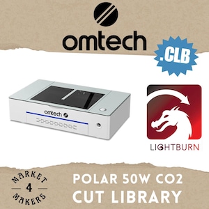 Puede incluir: Una cortadora láser CO2 Omtech Polar 50W blanca y gris con un panel superior negro. La imagen incluye el logotipo de Lightburn, una insignia CLB azul y el texto "Market 4 Makers".