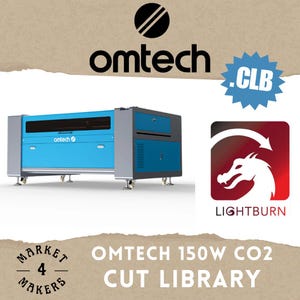 Könnte beinhalten: Ein blau-grauer Omtech 150W CO2-Laserschneider mit Lightburn-Logo und -Text. Die Maschine hat eine große rechteckige Schneidefläche und steht auf Rädern. Das Bild enthält auch den Text "Cut Library" und das .CLB-Logo.