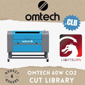 May include: A large, gray and blue Omtech 60W CO2 laser cutter with the Omtech logo and Lightburn logo. The image also includes the text ".CLB" and "Market 4 Makers".