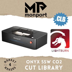 May include: A black Monport Onyx 55W CO2 laser cutter with a red power button. The image includes the Monport logo, a Lightburn logo with a dragon, and text that reads "Cut Library" and ".CLB".